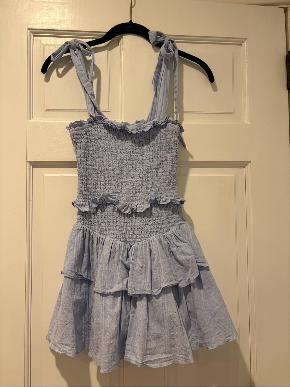 Katie J NYC Pale Blue Smocked Tie-Shoulder Tiered Dress